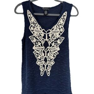 Signature Studio Boho Lace Butterfly Tank Top Navy Blue Textured Western Fairy M